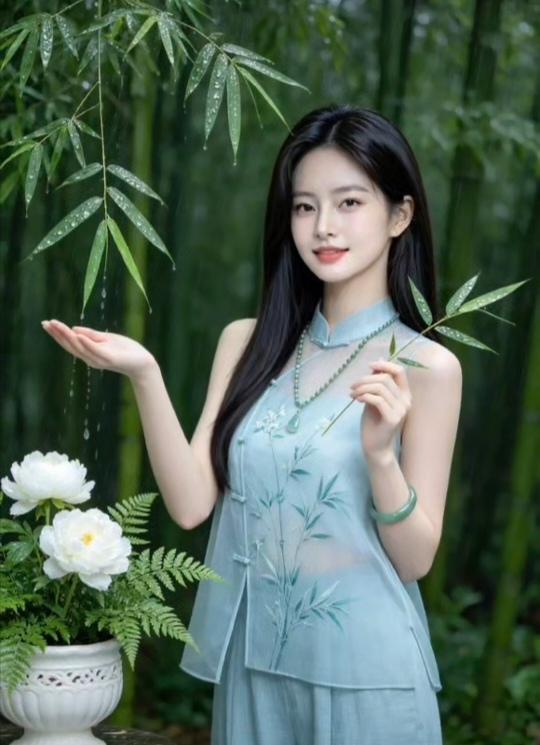 雨中仙子，竹林间，清新脱俗的东方美人