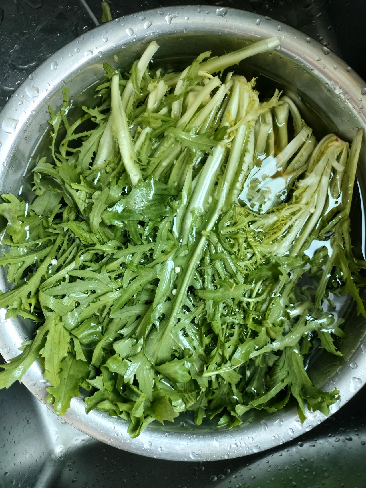 昨天买了一把新鲜的苦菊，翠绿鲜嫩，看着特别干净。
很多人以为苦菊随便冲一冲就干净