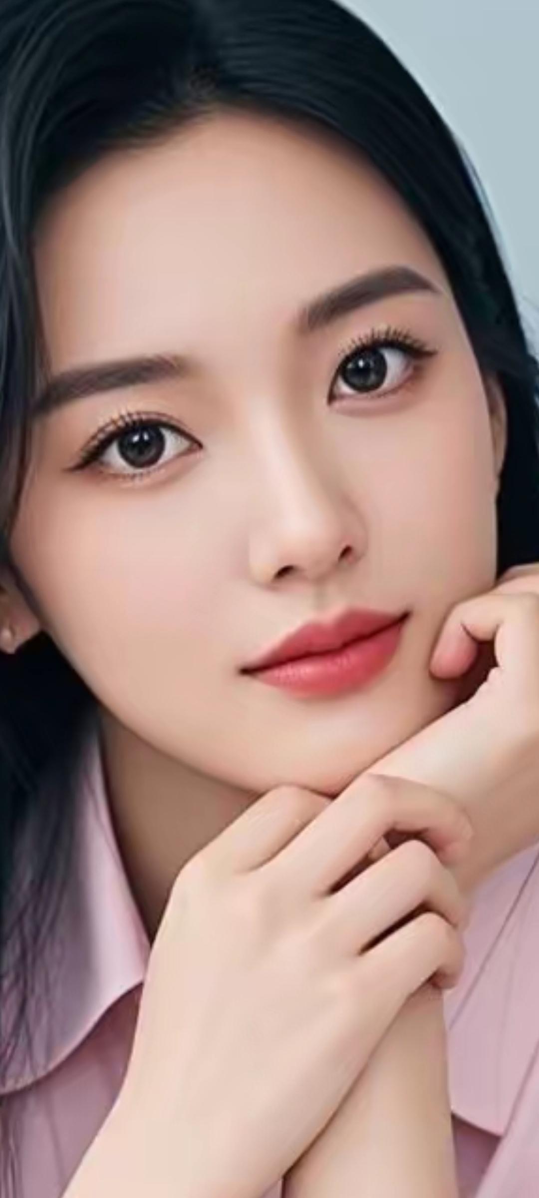 温柔甜美的少女，粉色衬衫搭配自然妆容，清新动人。