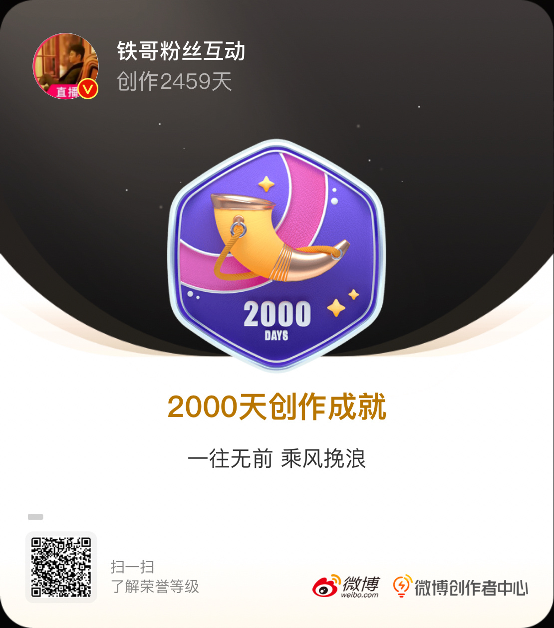 我的成长纪念 我在微博创作了2000天，获得了2000天创作成就专属纪念勋章。点