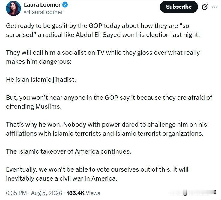 Laura Loomer：
今天共和党又要颠倒黑白，装作对Abdul El-Sa