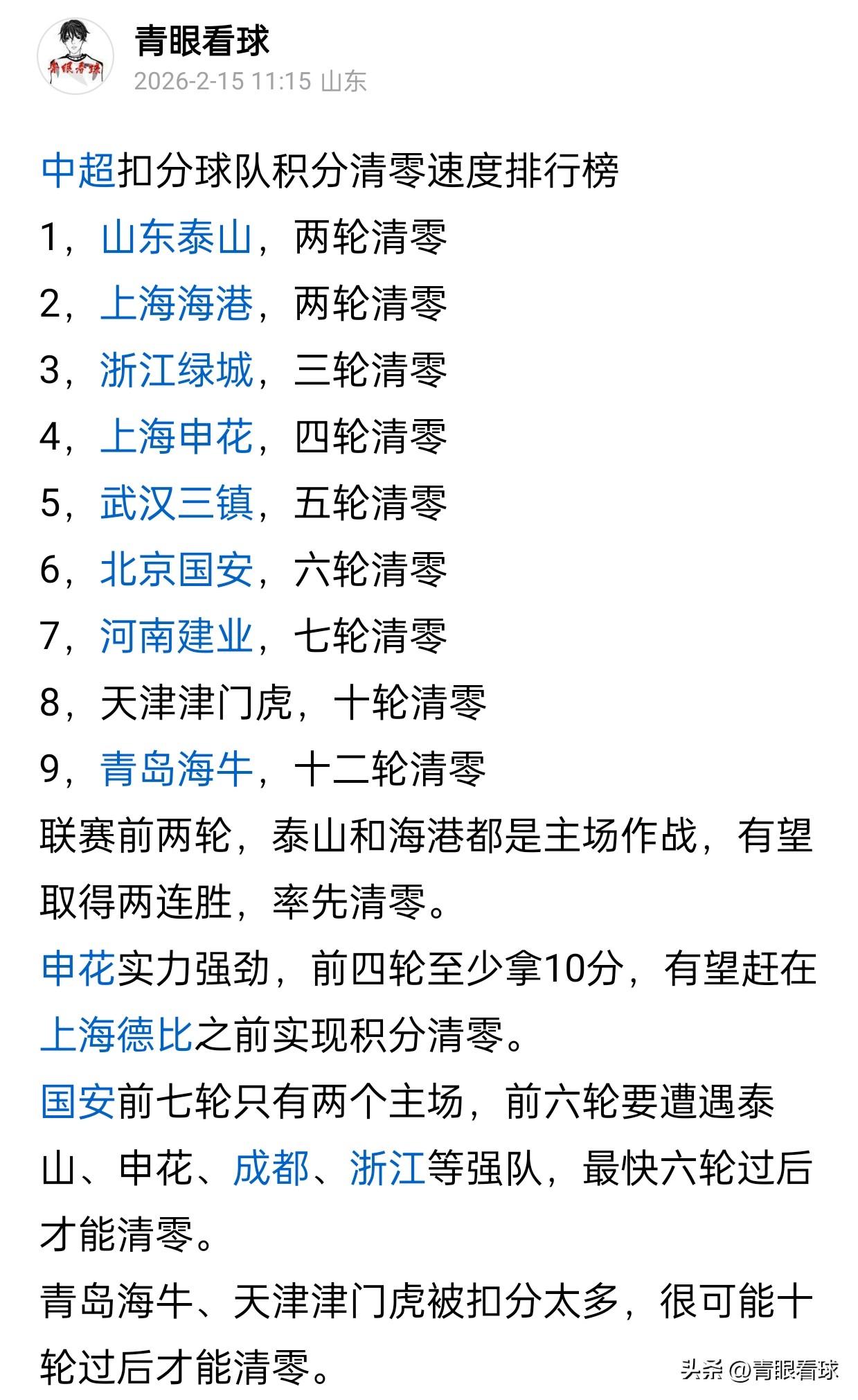 联赛开始前，我就预测山东泰山是第一支积分清零的球队。果不其然，泰山前两轮接连战胜