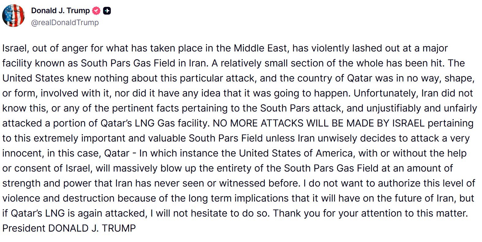 以美袭击伊朗沙特卡塔尔油气设施遭袭特朗普在社交媒体上发帖威胁说，如果伊朗再次袭击