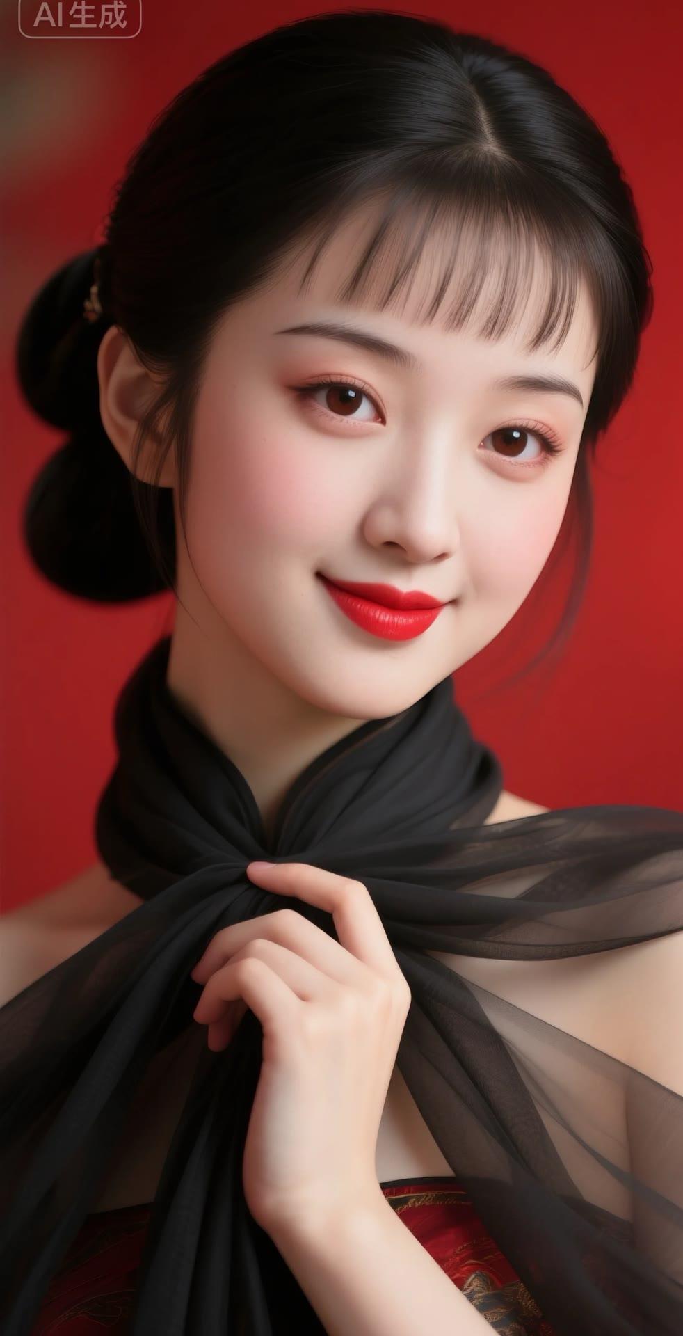 红衣少女，黑纱飘逸，温婉动人，AI生成