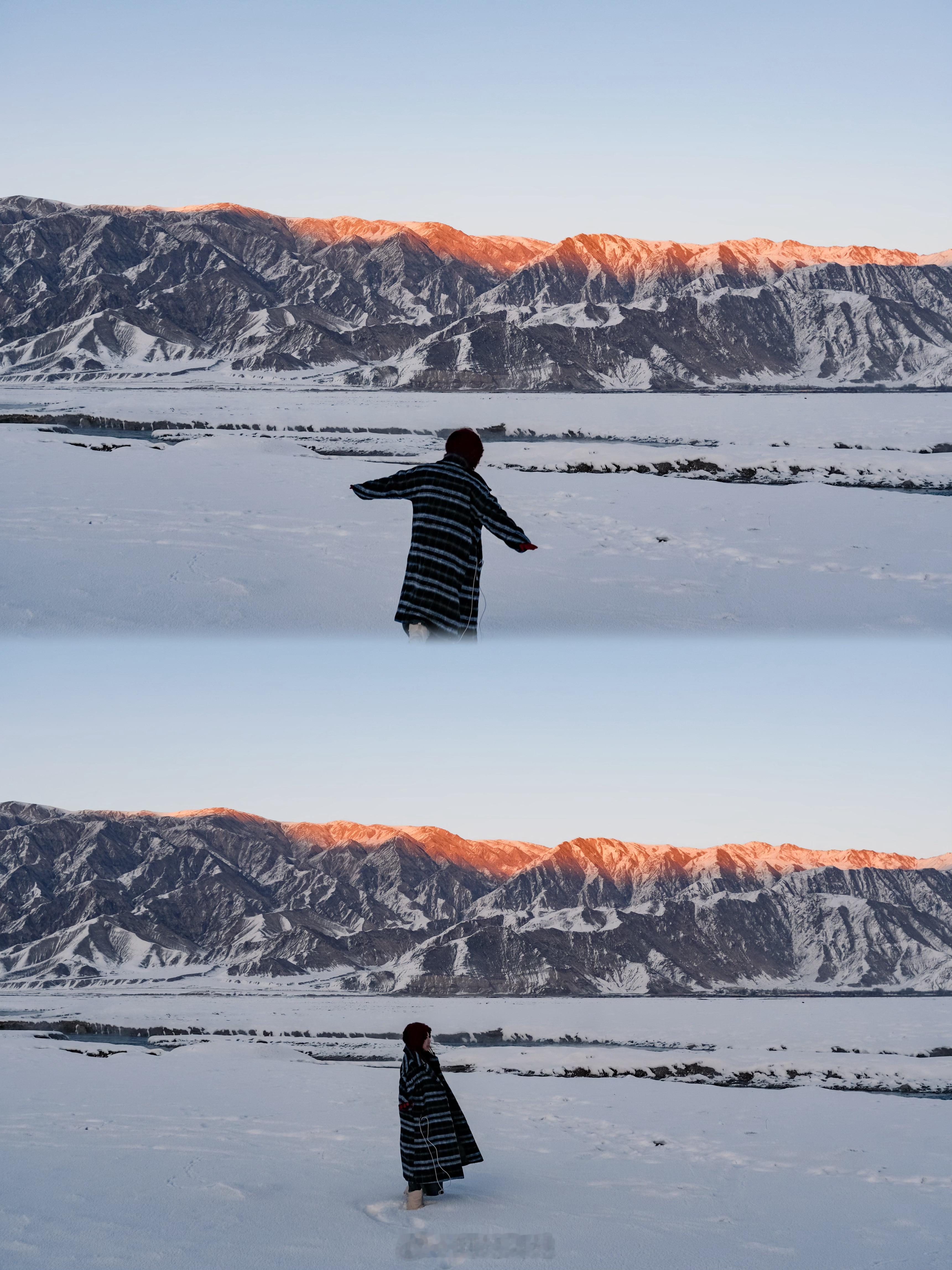 在无人的金草滩看夕阳在厚实的雪地里奔跑撒欢看日落金山和慕士塔格峰的落日金顶旁边是