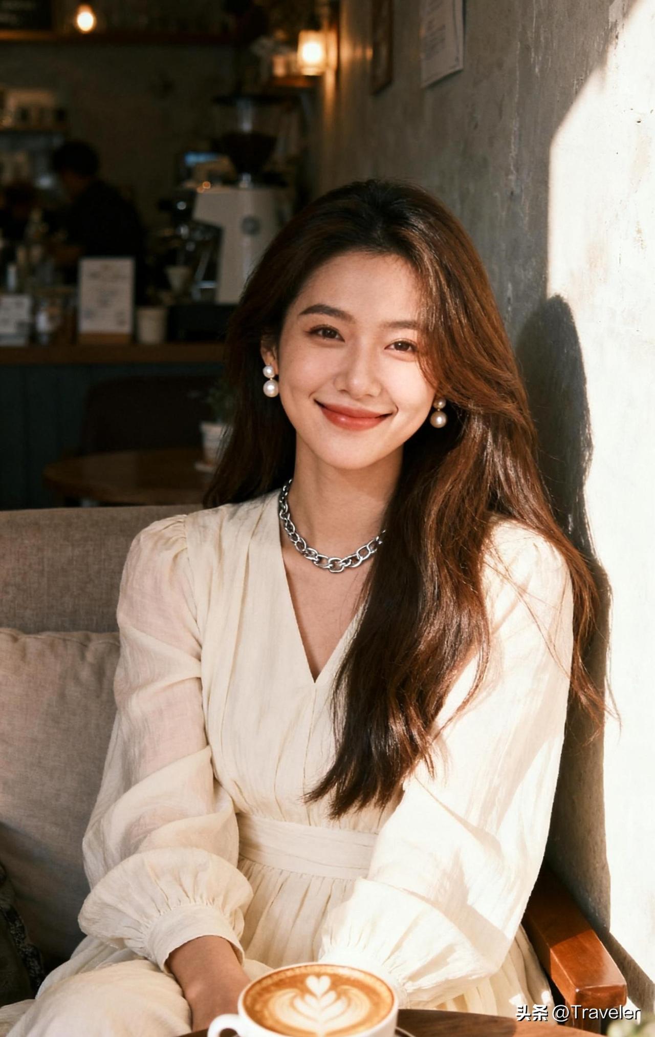 阳光洒进咖啡馆，微笑的少女与咖啡相伴，温暖时光。
