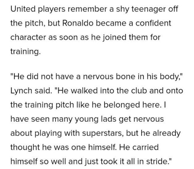 “很多年轻人在超巨身边踢球都会感到紧张，但他的身体里没有一根紧张神经，他走进这里