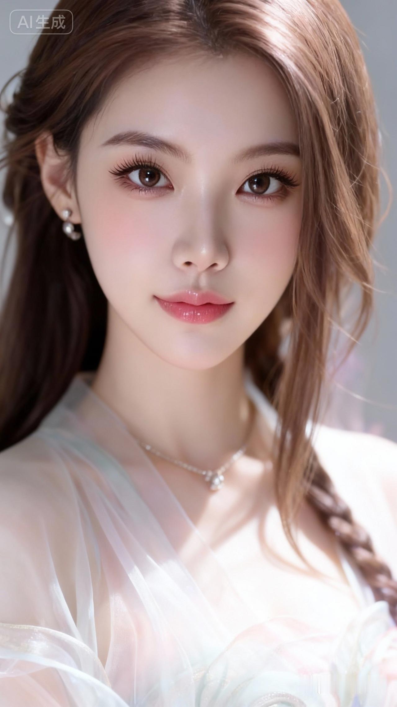 浪漫古风，绝美容貌，棕色长发，深邃丹凤眼，长睫毛，饱满光泽嘴唇，楚楚动人的神态，