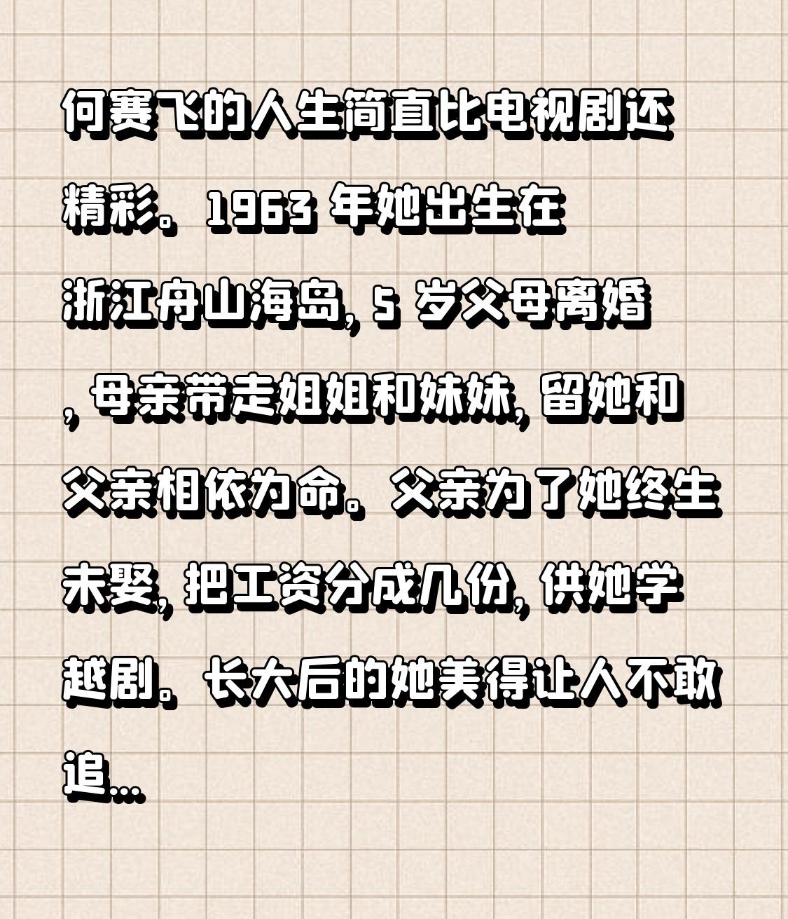 何赛飞的人生简直比电视剧还精彩。1963 年她出生在浙江舟山海岛，5 岁父母离婚