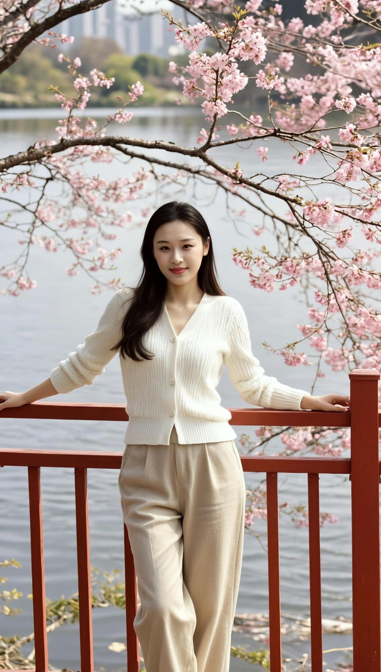 春风拂过湖面，漾起层层涟漪，像极了心事被轻轻拨动的瞬间。樱花落满肩头，不争不抢，