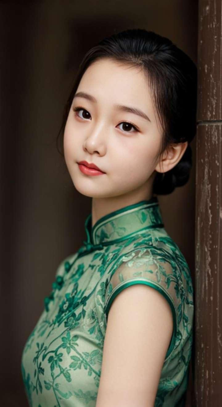 AI扩图 AI绿旗袍佳人