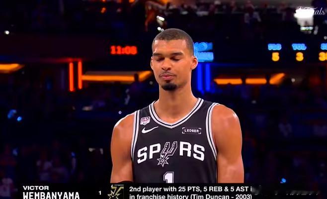文班成马刺队史第二位总决赛砍25+5+5的球员，比肩邓肯6月9日讯 NBA总决赛
