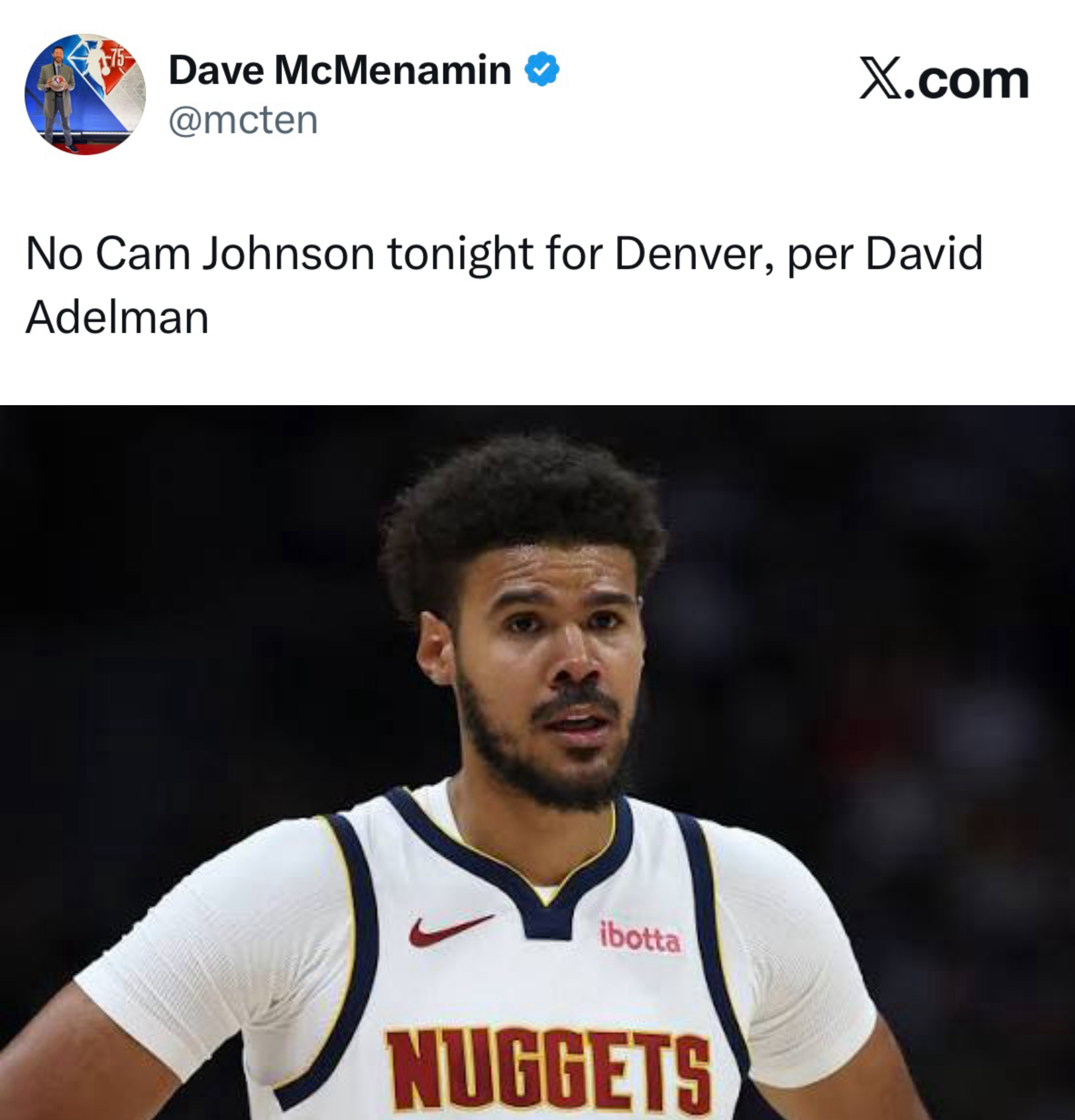 卡姆-约翰逊，缺席与湖人队的比赛。 