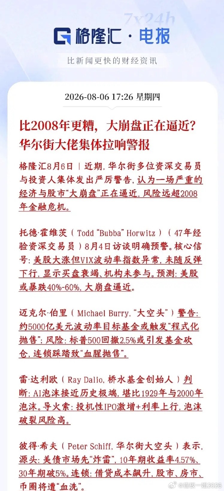 华尔街大佬集体提升当前股市风险，认为比08年更糟糕一批华尔街知名的空头、老牌大佬