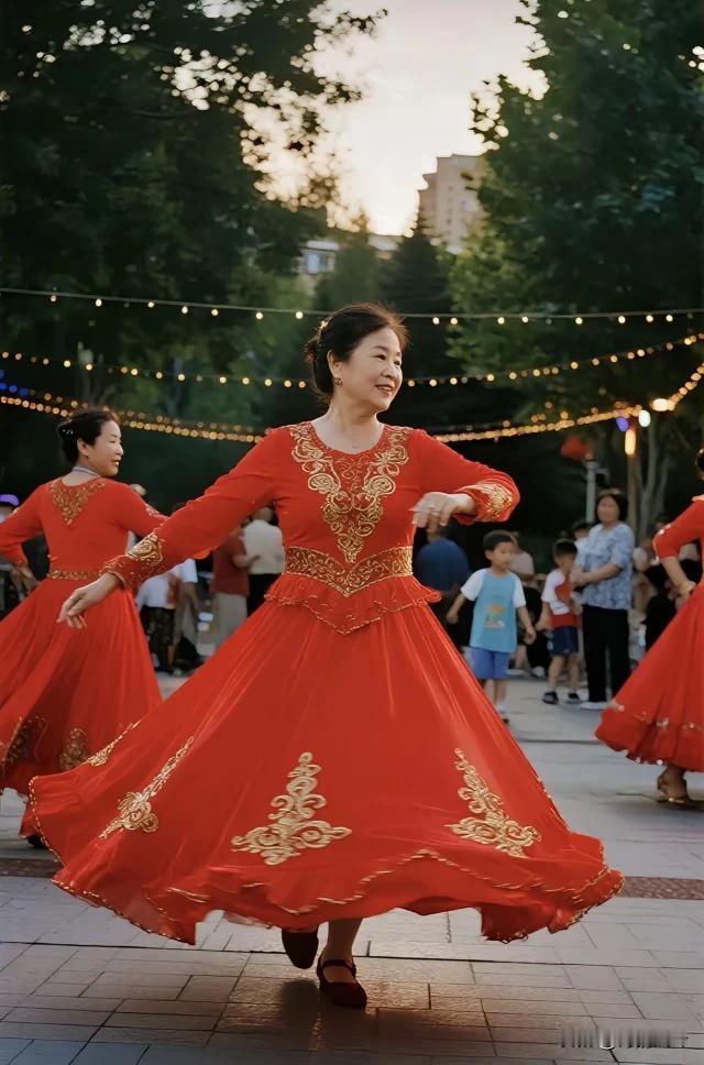 早九晚六日日忙，
半生奔波为钱粮。
最羡退休老大娘，
平安喜乐舞霓裳。