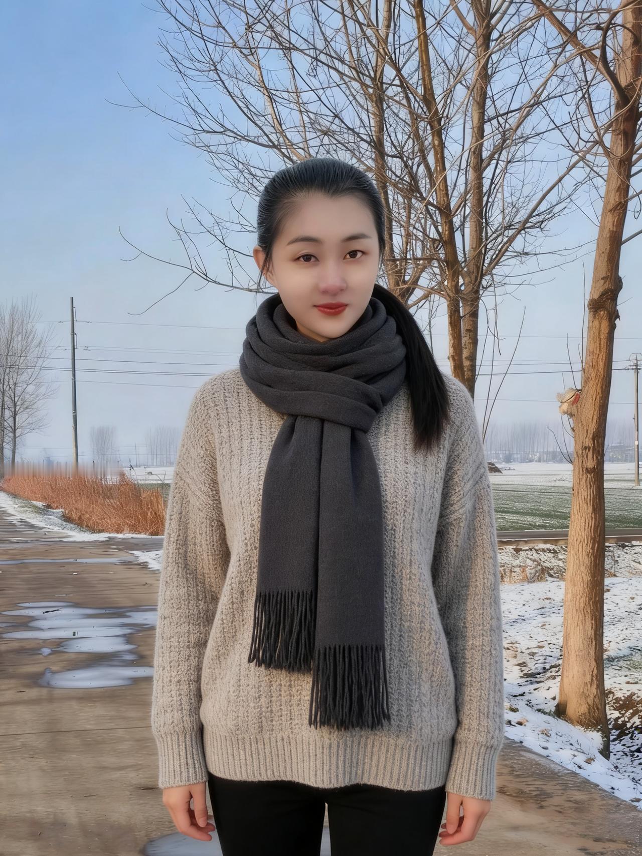 毛衣厚裹御冬寒，围巾轻绕鬓云残。
残雪半融泥径软，一身闲意步姗姗。