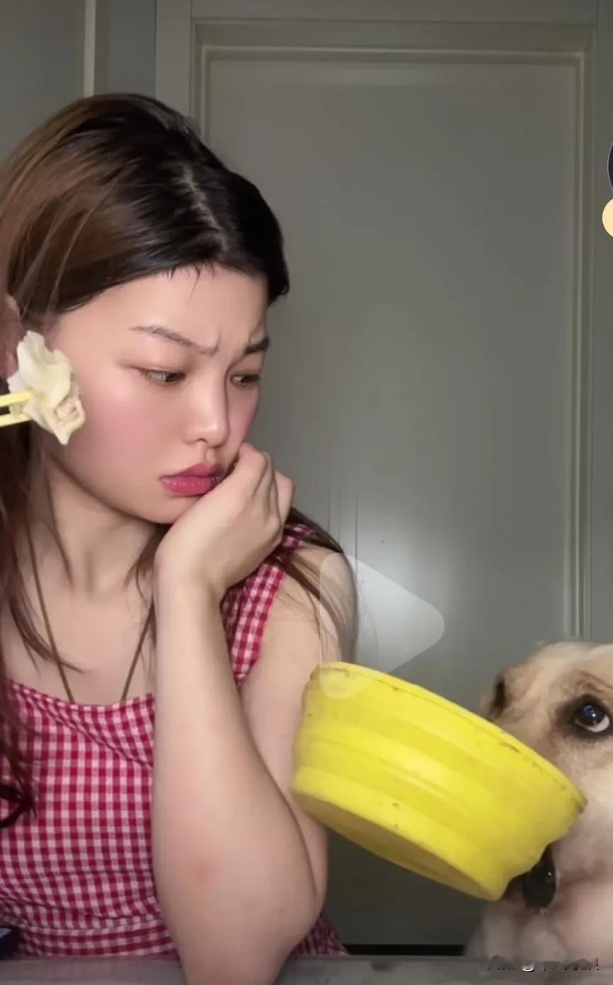 女主人吃胶子一个一个夹到放进自己的嘴巴，狗狗咬一个狗盆子坐在他旁边，以为会夹几个