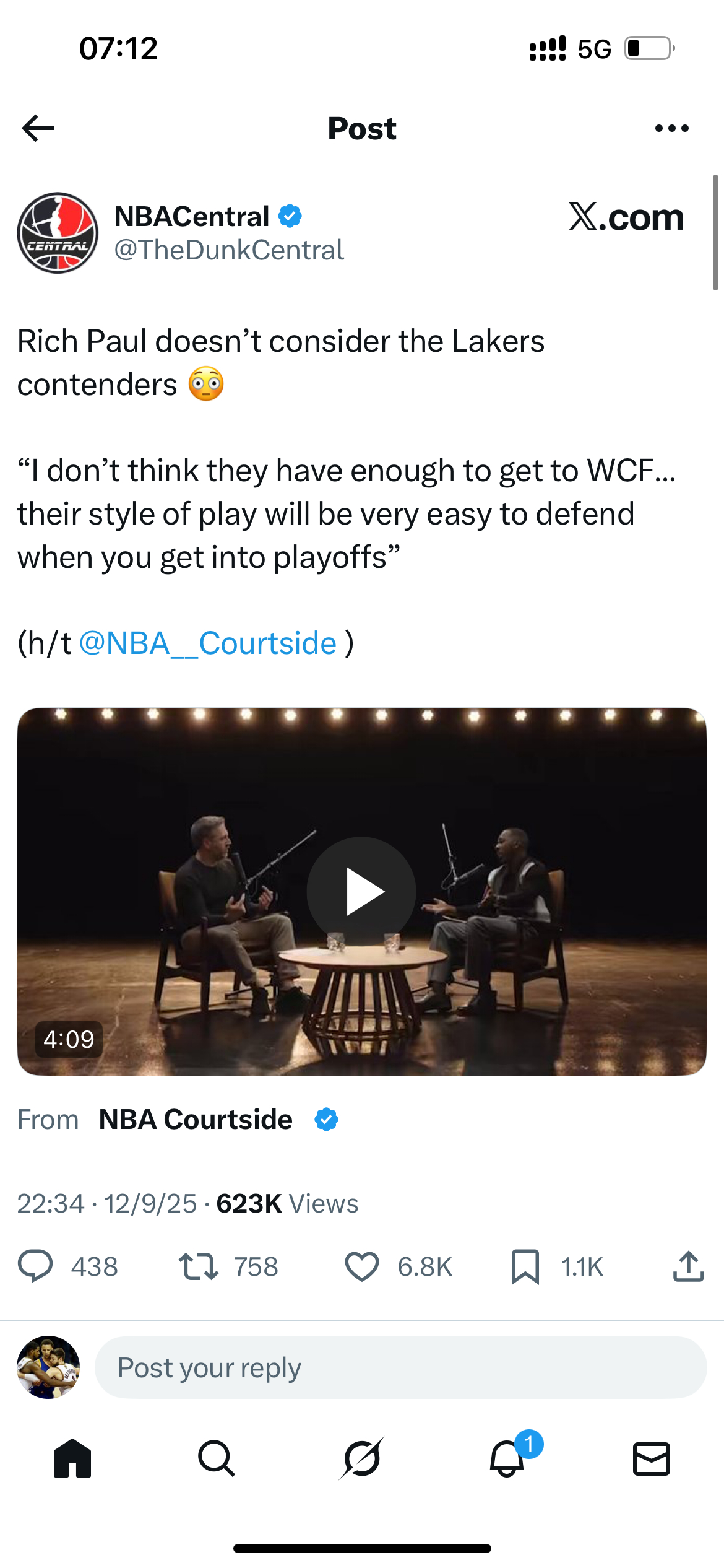 里奇保罗认为湖人不是争冠球队：我不认为他们能打进西部决赛，他们的打法在季后赛很容