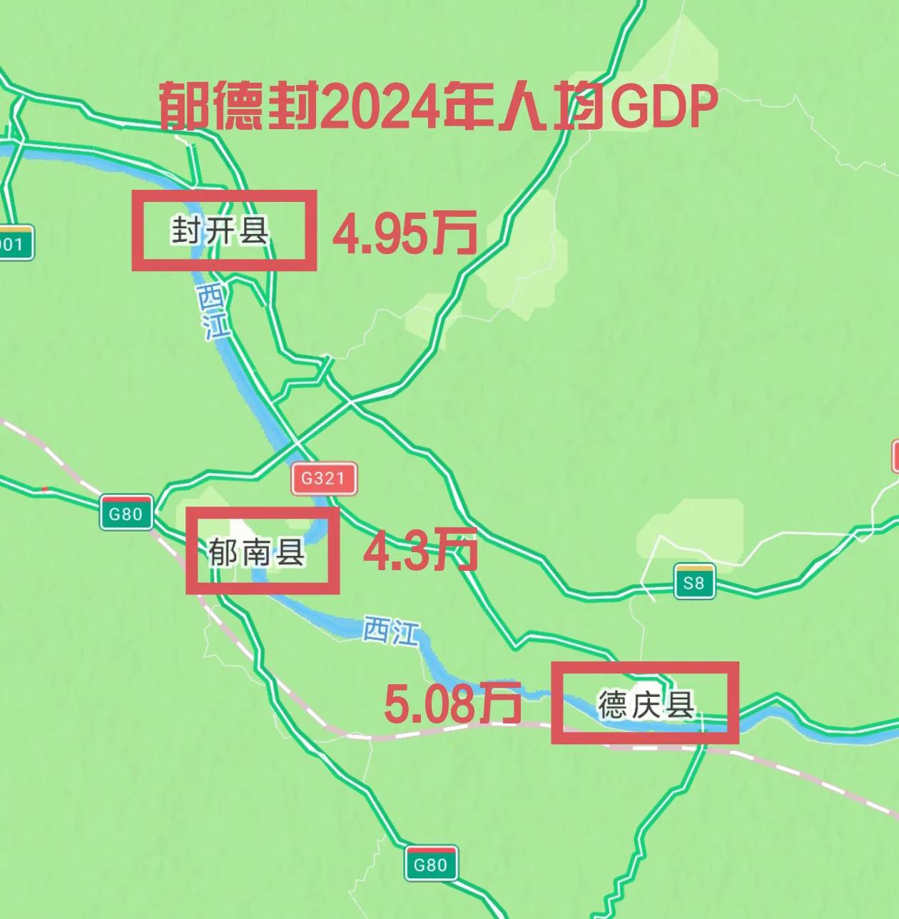 广东西江三兄弟封开、郁南、德庆2024年人均GDP对比。总体来讲三地经济发展水平