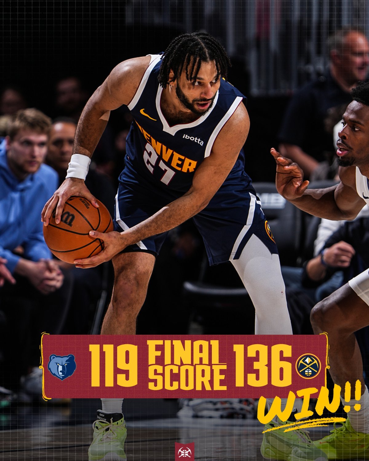 掘金136-119灰熊，约基奇生涯首次取得十连胜，小哈达威升至掘金队史单赛季三分