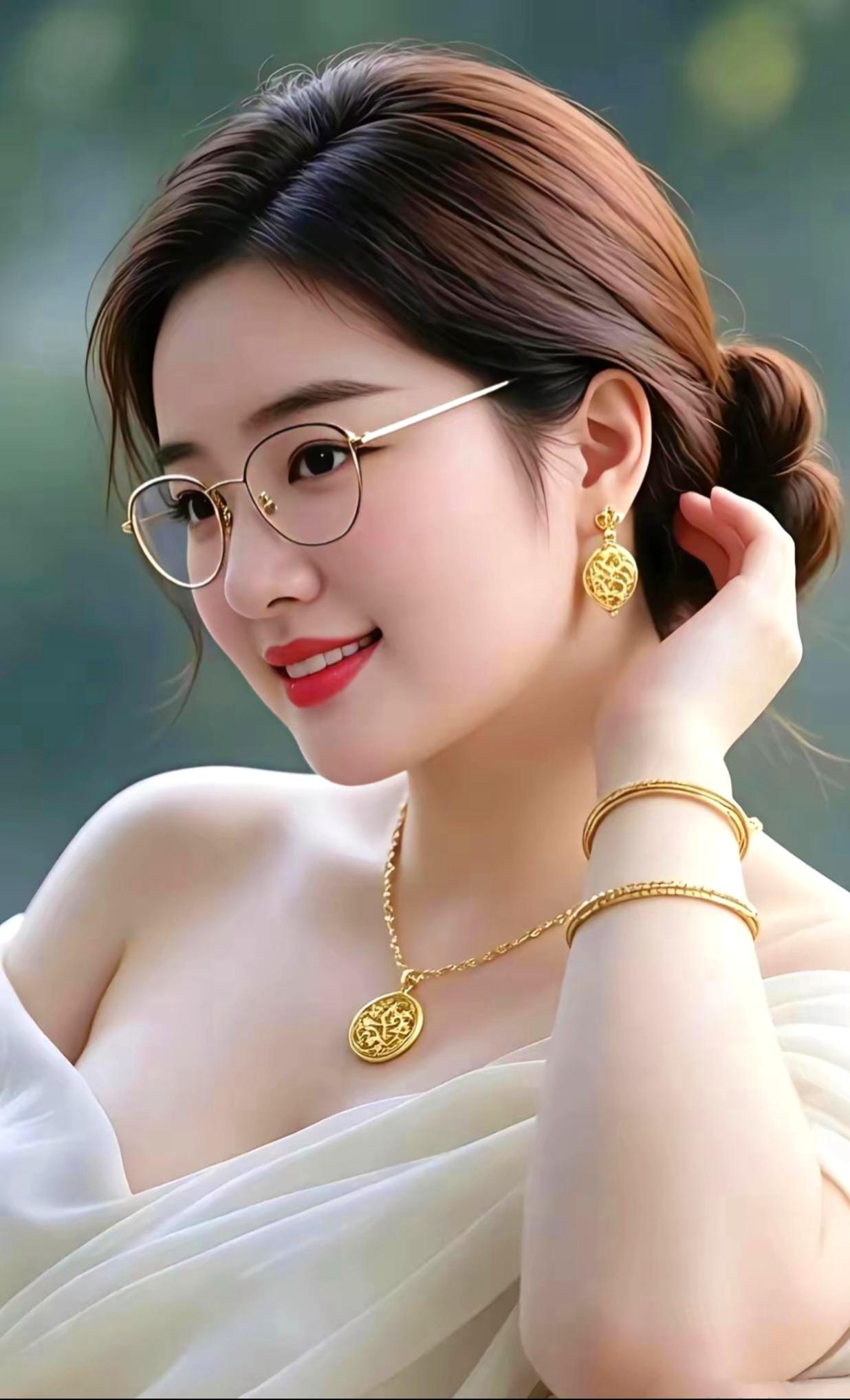 眉眼含春带笑，
金饰衬得容娇。
清风伴人闲俏，
静享岁月美好。
心底安然无扰，