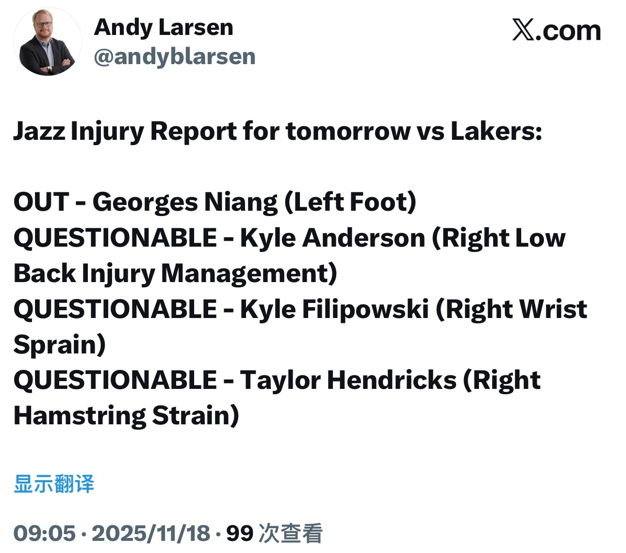 爵士更新伤病报告：尼昂缺阵，李凯尔、菲利波夫斯基、亨德里克斯出战成疑。 