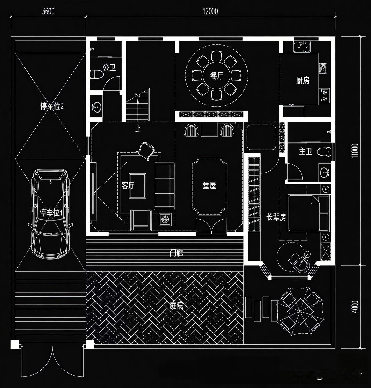 功能布局：5房3厅4卫。
一层布置堂屋，客厅，餐厅，老人房。
二层布置四间卧室及