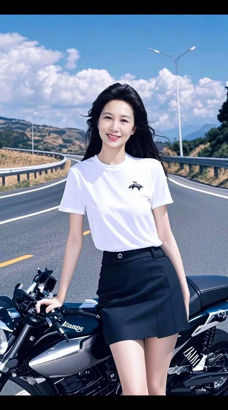 阳光洒在街道上，微风轻拂，一位女孩站在摩托车旁，笑容如花般绽放。她的白色T恤与黑