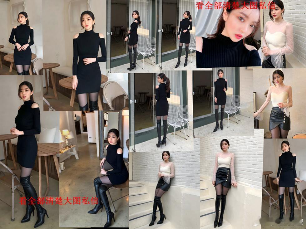 独家图库：黑皮裙搭配过膝靴黑丝... ​​​