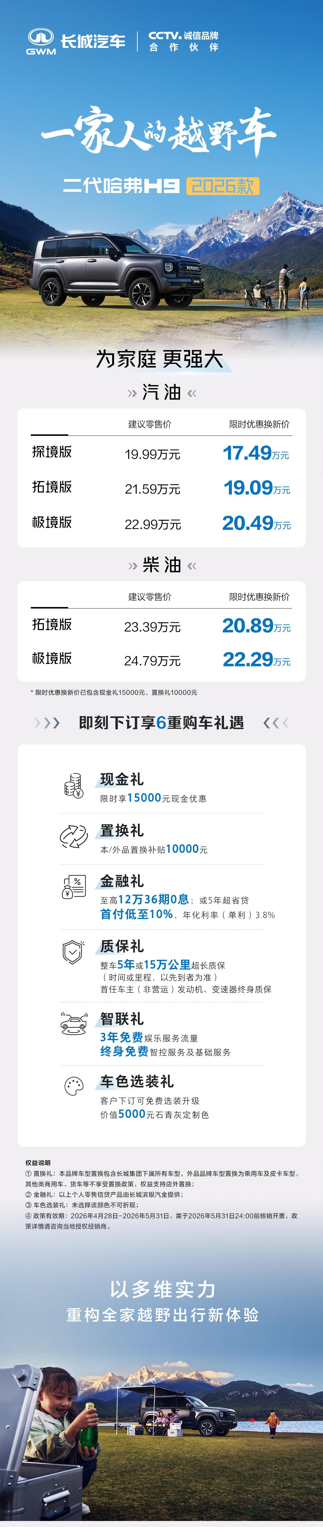 2026 款二代哈弗 H9 今天正式上市了，给你唠两句。这车限时优惠换新价 17