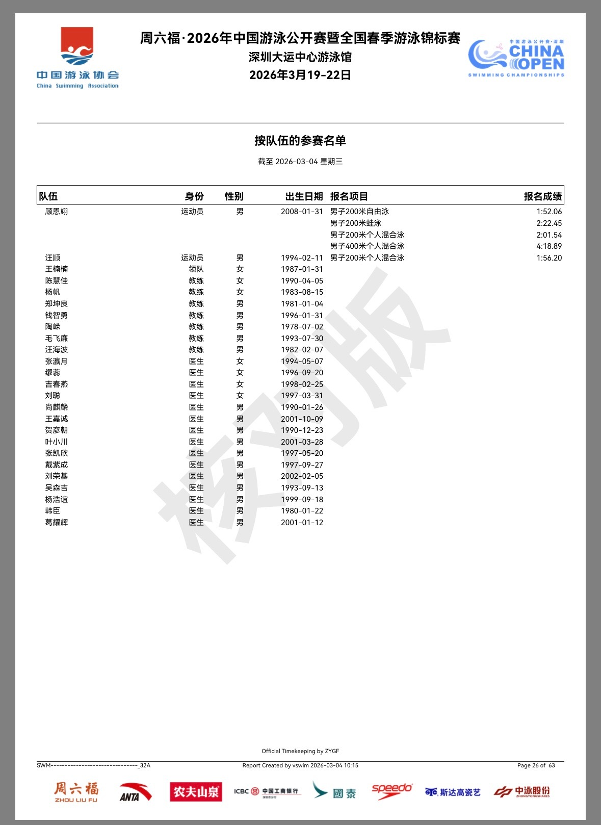公开赛的报名册漏了上面显示汪顺报名了200混⚠️报名不代表一定会参赛，🎫3.5