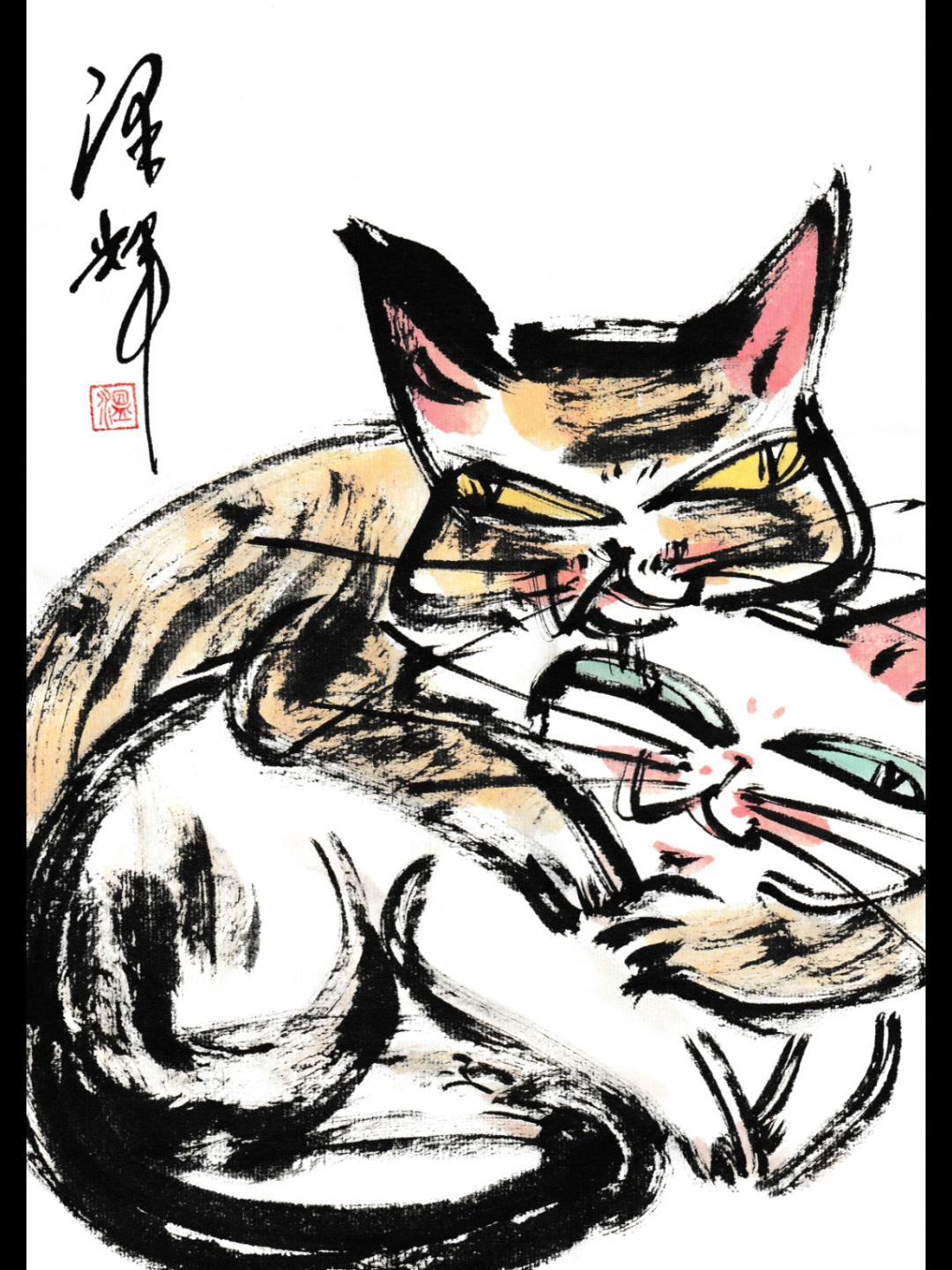 谁懂啊！把猫咪画成潦草水墨风，居然一点不违和。这些“显眼包”猫咪，有的眯眼笑，有