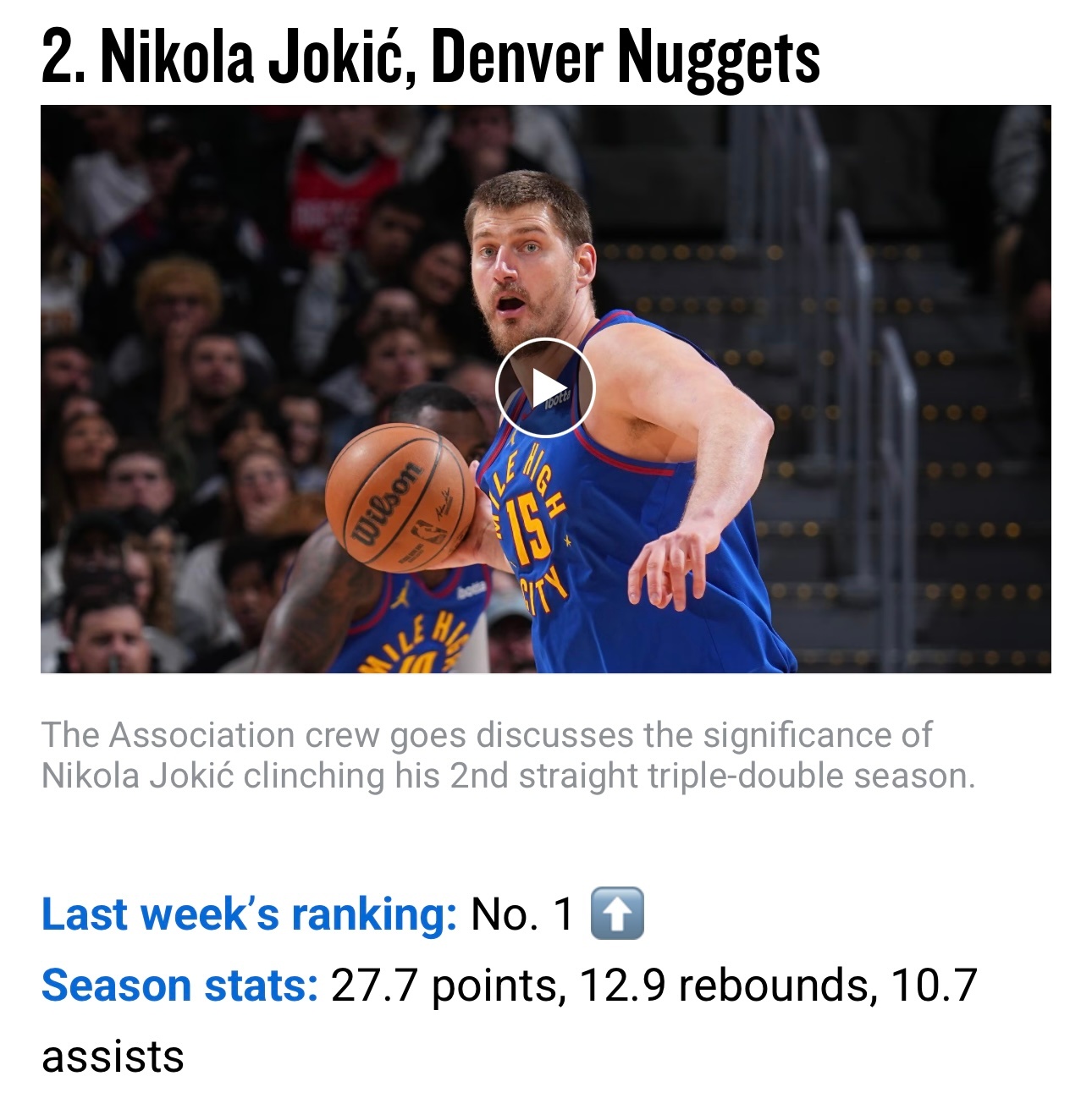 常规赛最后一期MVP排行榜公布，亚历山大第1，约基奇第2，文班亚马第3。4-10