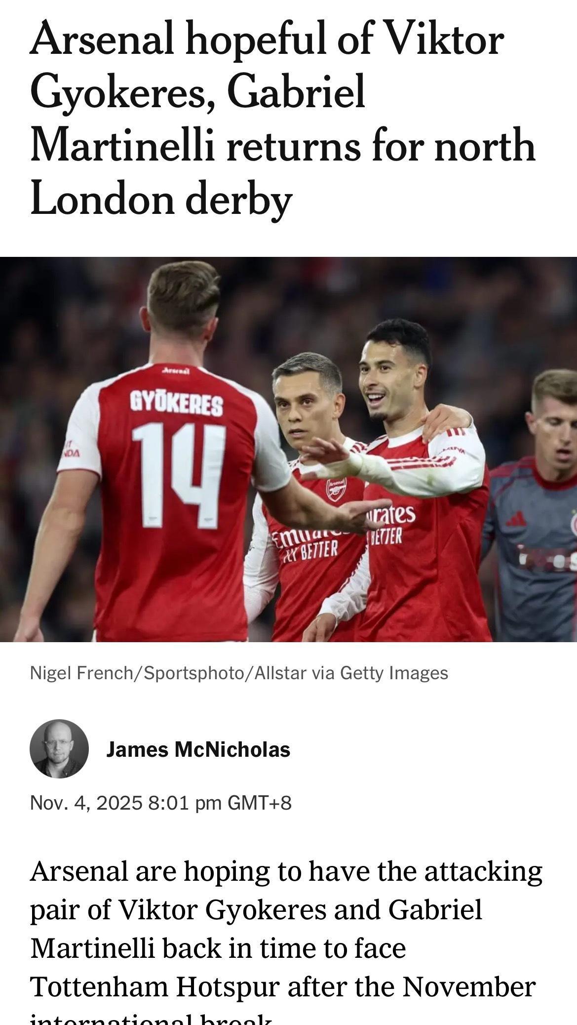 The Athletic James McNicholas：阿森纳有望在十一月国