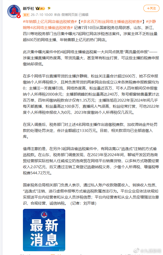 #许静婉开两家网店均0纳税#【#许静婉被追缴税费罚款631.96万元#】7月10