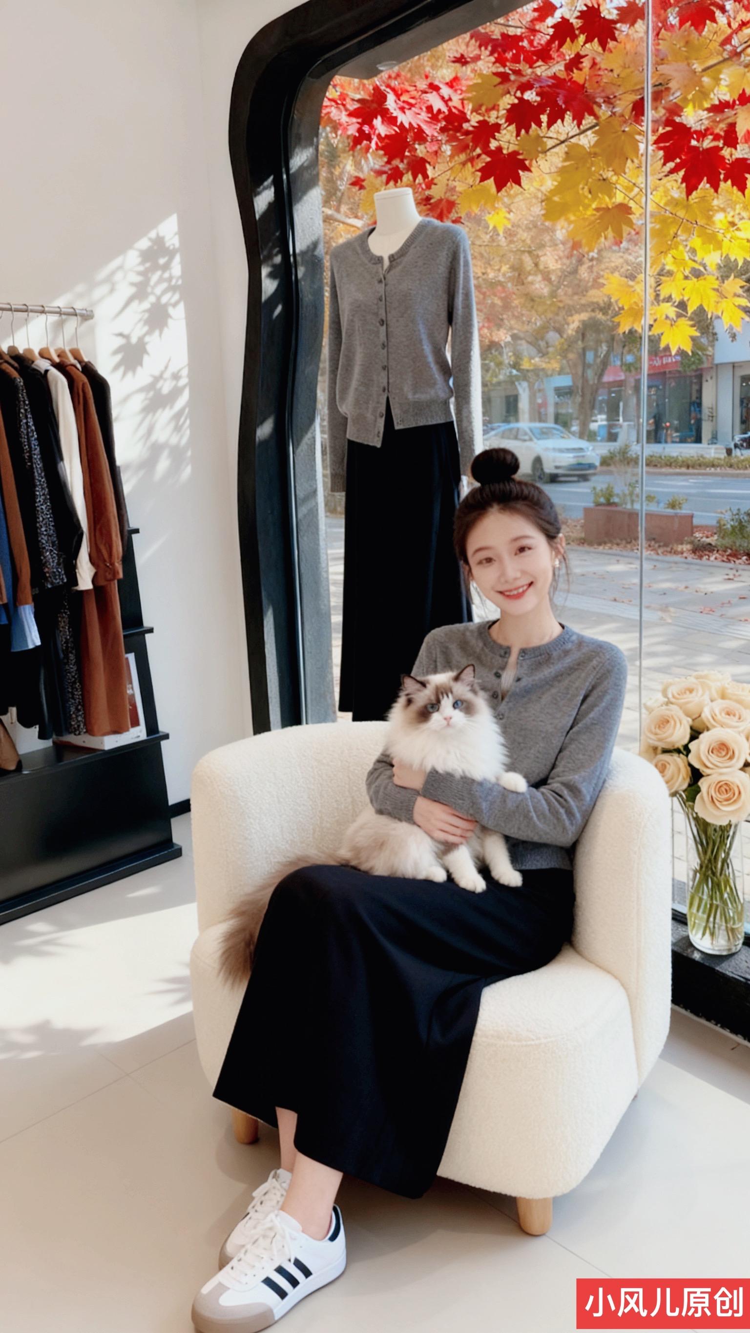 时尚洋气假两件套。秋日服装店，抱布偶猫坐奶油沙发，窗外红黄枫叶绚烂。灰...
