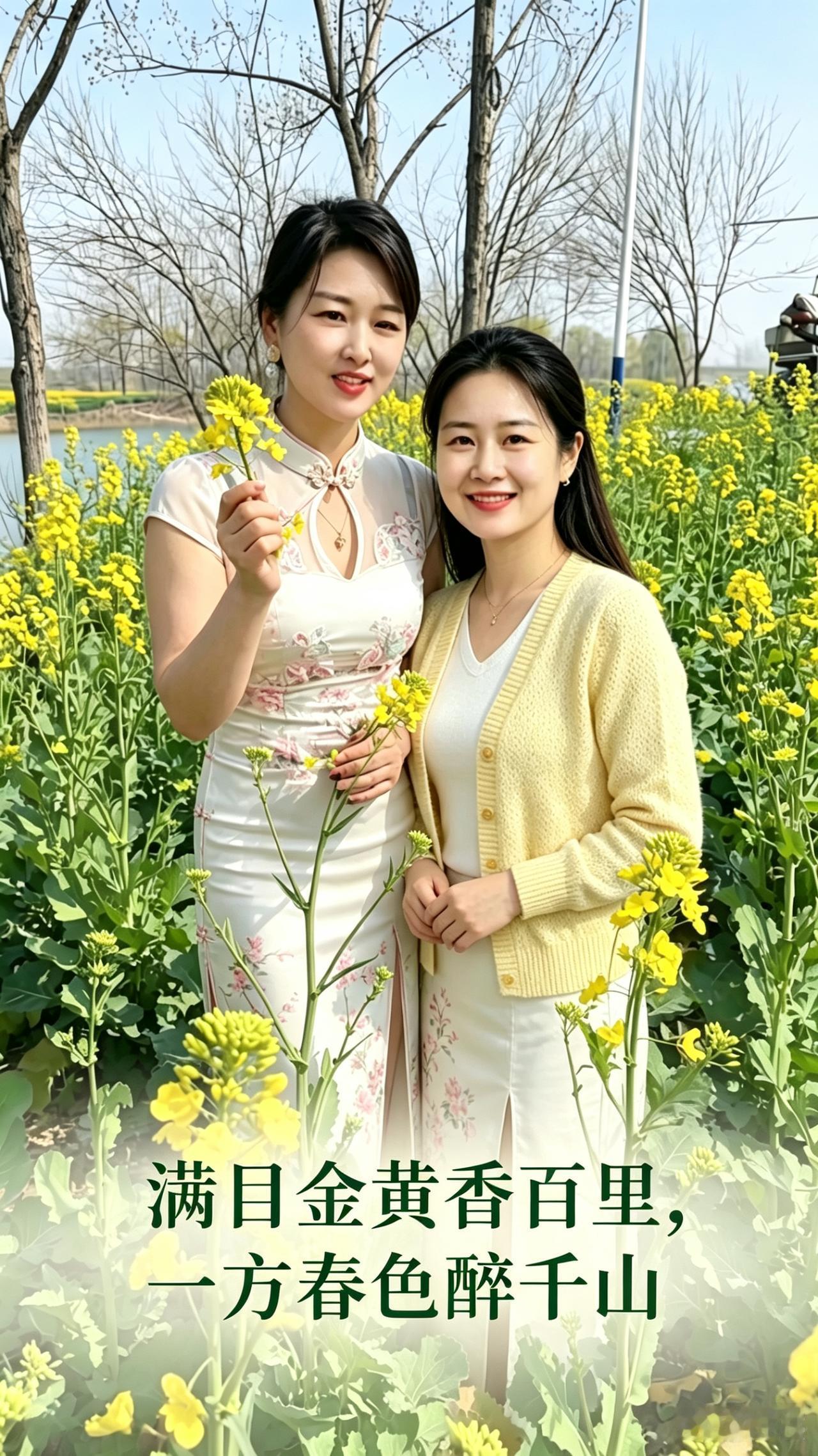 油菜花海雅游
漫野金黄映暖阳，
无垠花海溢芬芳。
佳人闲步芳丛内，
笑语清盈绕野