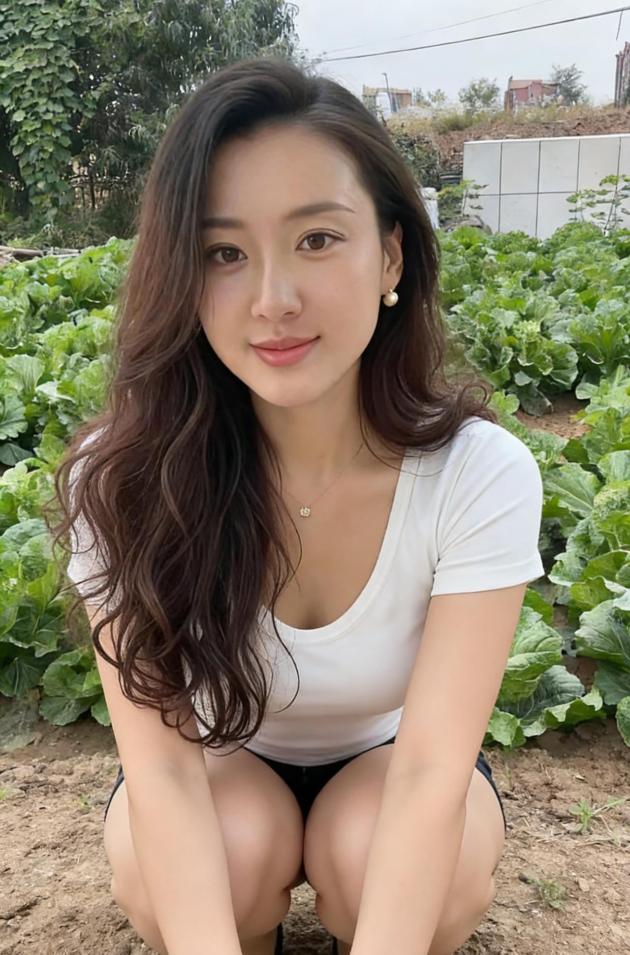 菜畦风色软，素袂惹清芬。
蹲身露湿裙，染袖皆是春。