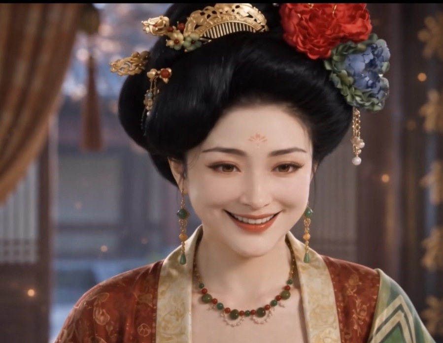 ai漫剧里面最喜欢唐朝的妆造，又美又富贵的装扮很养眼。这个剧照是坏后妈，但面对未