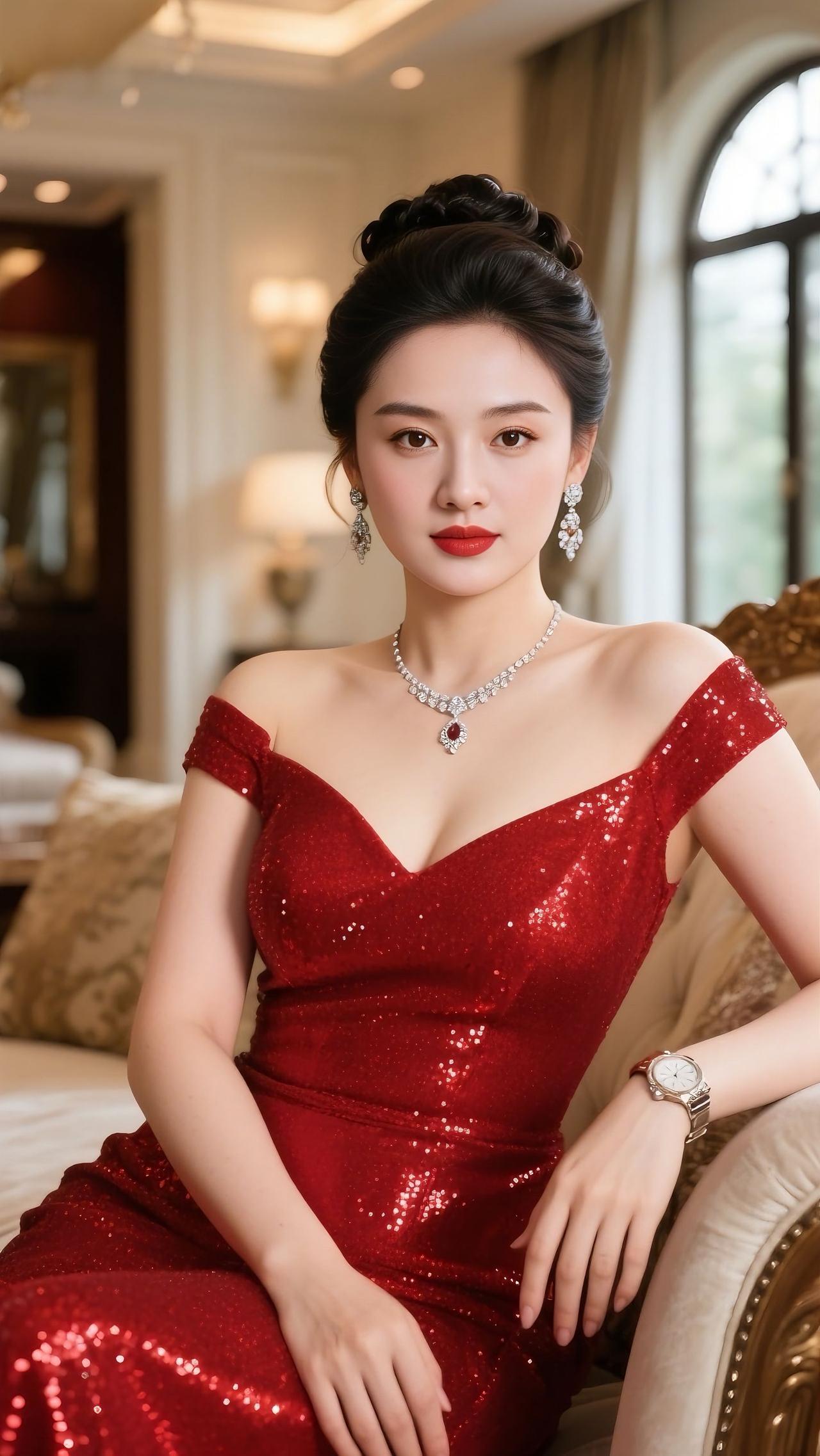 红衣美人坐，玉佩映华堂。