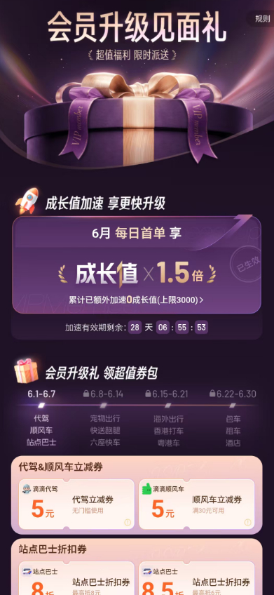 滴滴会员这次改版对V6还挺友好的！以后保级看一整年的成长值，不用每个月都焦虑掉级