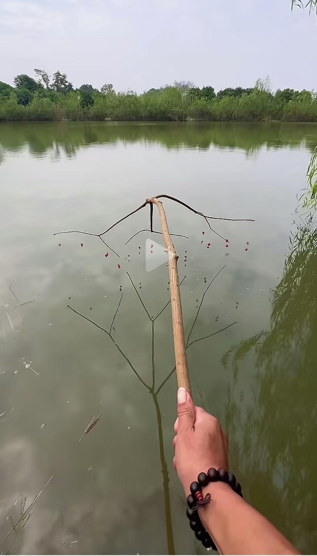 这一幕煞是壮观。
山中小溪，惊现垂钓达人，只见他手拿自制的钓鱼神器：一根树枝，枝