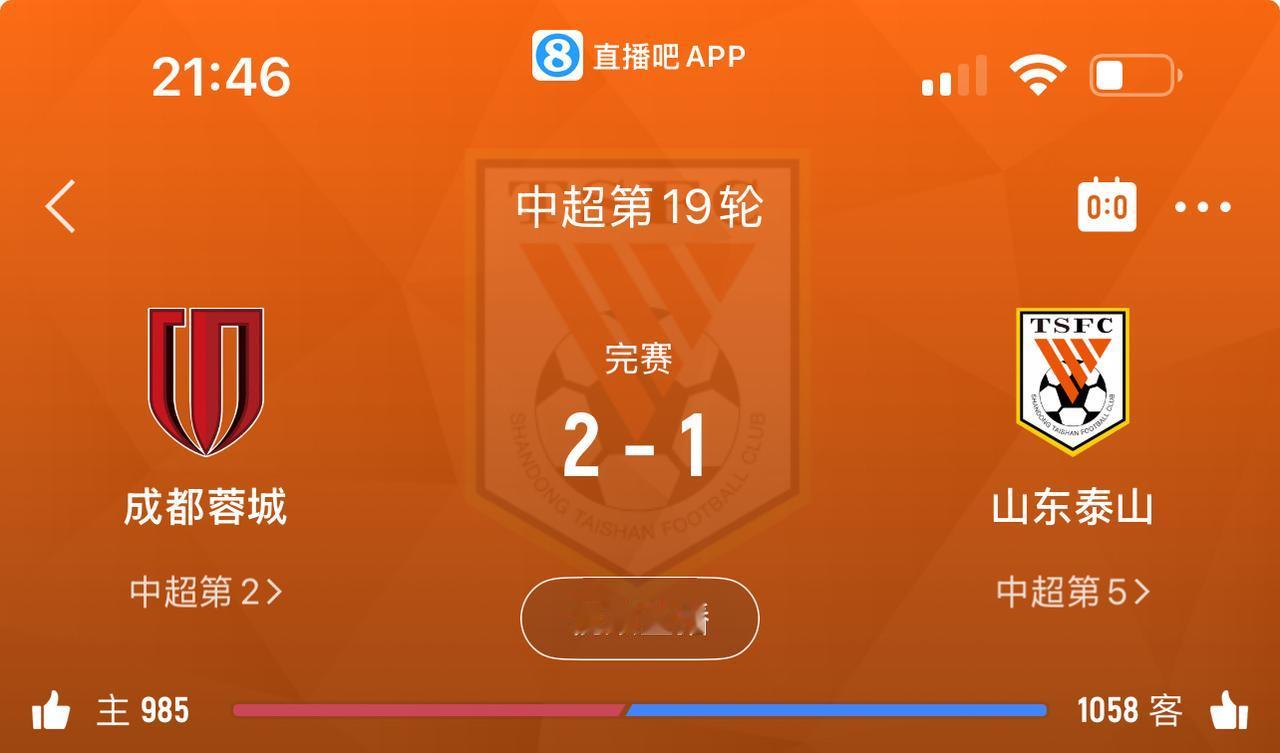 中超山东泰山客场1：2输给成都蓉城，本赛季被成都3杀。比赛虽然输了，但是本场比赛