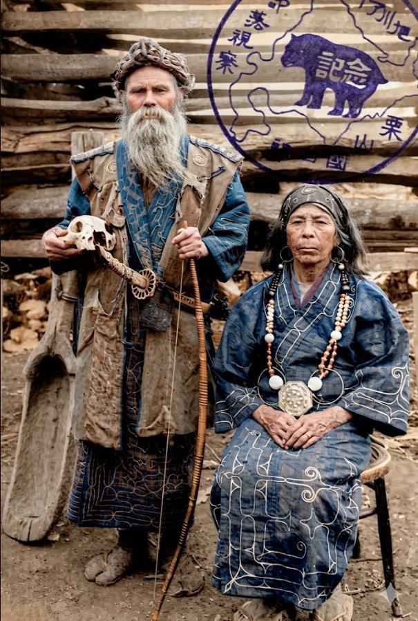 这张上世纪30年代的老照片，是日本北海道阿伊努人
照片里的阿伊努男性身着带有部落