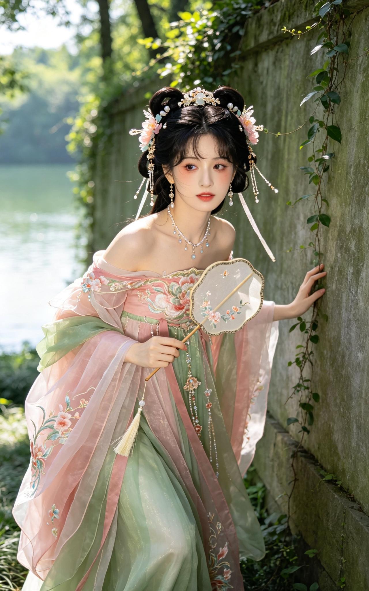 青藤爬满旧石墙，临水一隅，裙袂随风轻晃。
团扇半掩眉眼，粉绿襦裙仙气袅袅，是从古