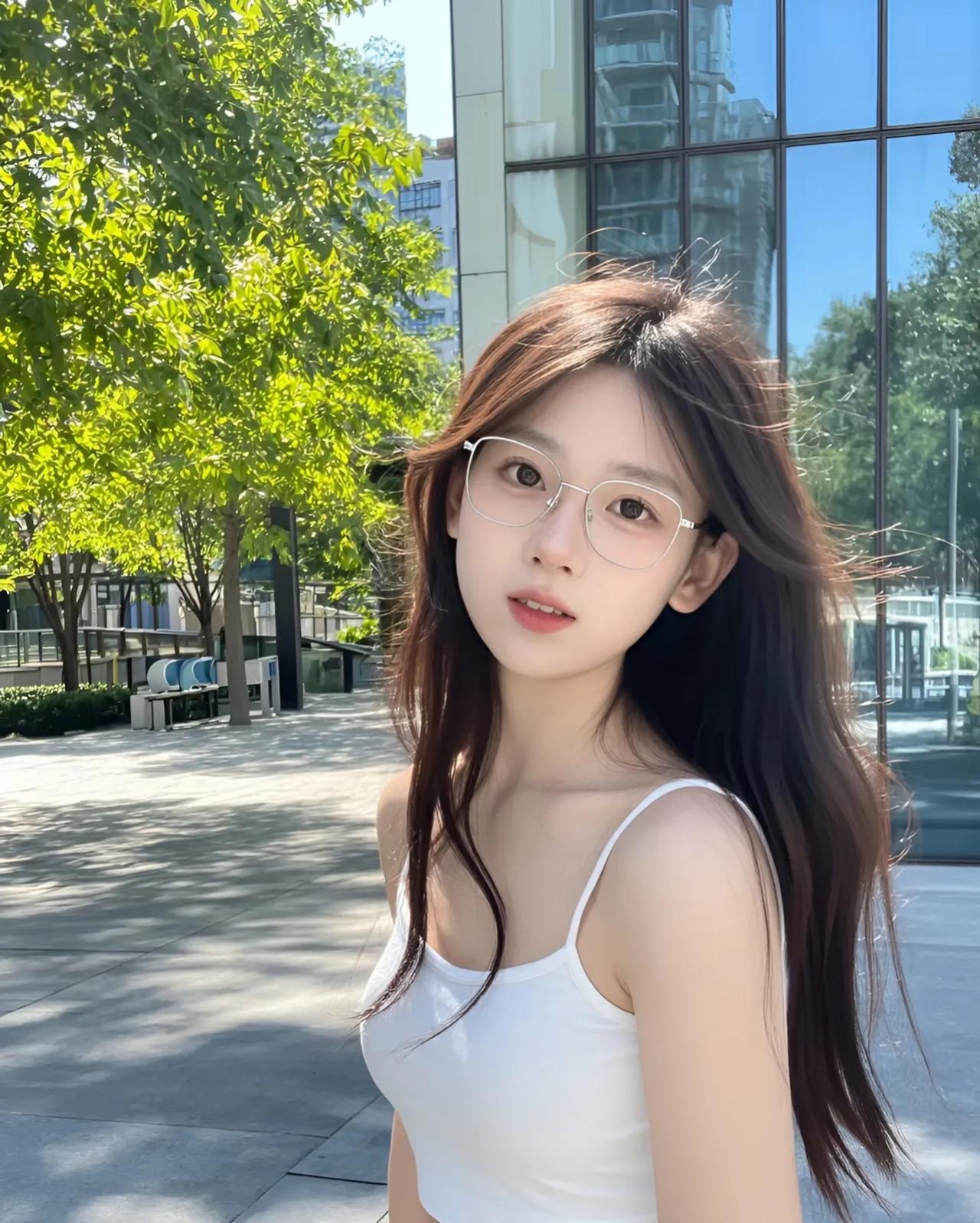 阳光下的少女，清新自然，眼镜与长发相得益彰。
