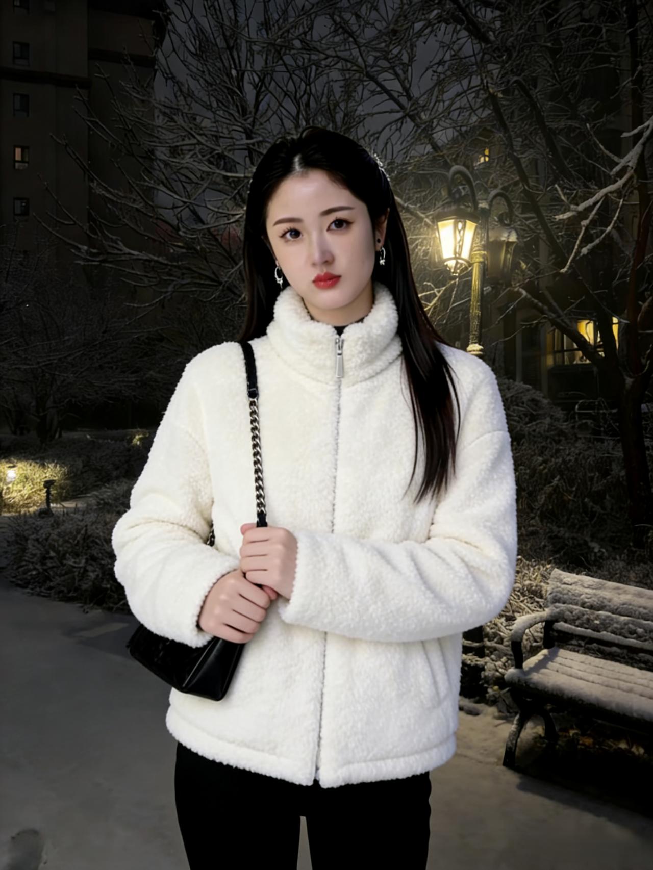 雪压寒枝夜渐深，街灯如豆暖行人。
绒衣漫裹三分冷，素面轻凝一寸春。
眉黛远，笑痕