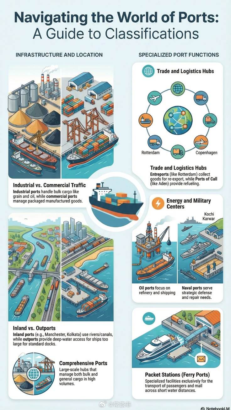 ⚓世界港口分类 🏗️工业港口——散货（谷物/石油） 🚢商业港口——包装制成品