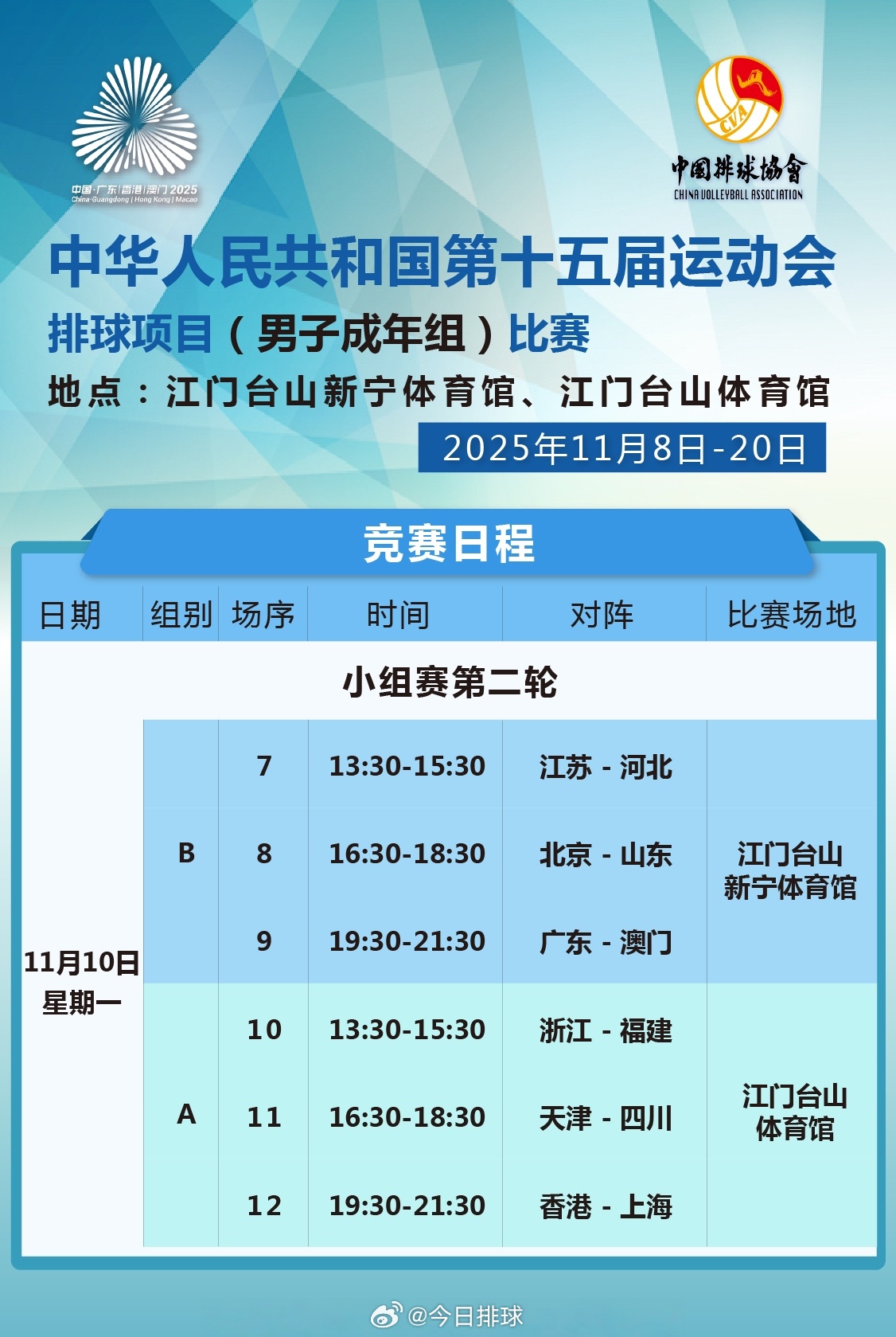 【第十五届全运会 男排小组赛今天（11月10日）的竞赛日程】13:30 A组 浙