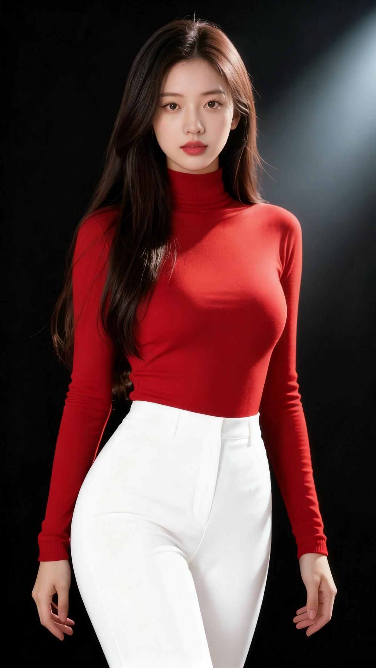 赤焰映清白
 
一束光破开浓黑的底色，她立于明暗之间，红衫如焰，白裤似霜，将极致